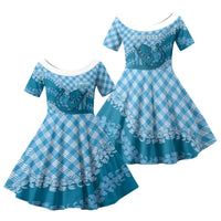 Polu Hawaii Cowboy Palaka Motifs Personalised Family Matching Off Shoulder Maxi Dress and Hawaiian Shirt Paniolo Festival Puakenikeni Lei LT14 Daughter's Dress Blue - Polynesian Pride