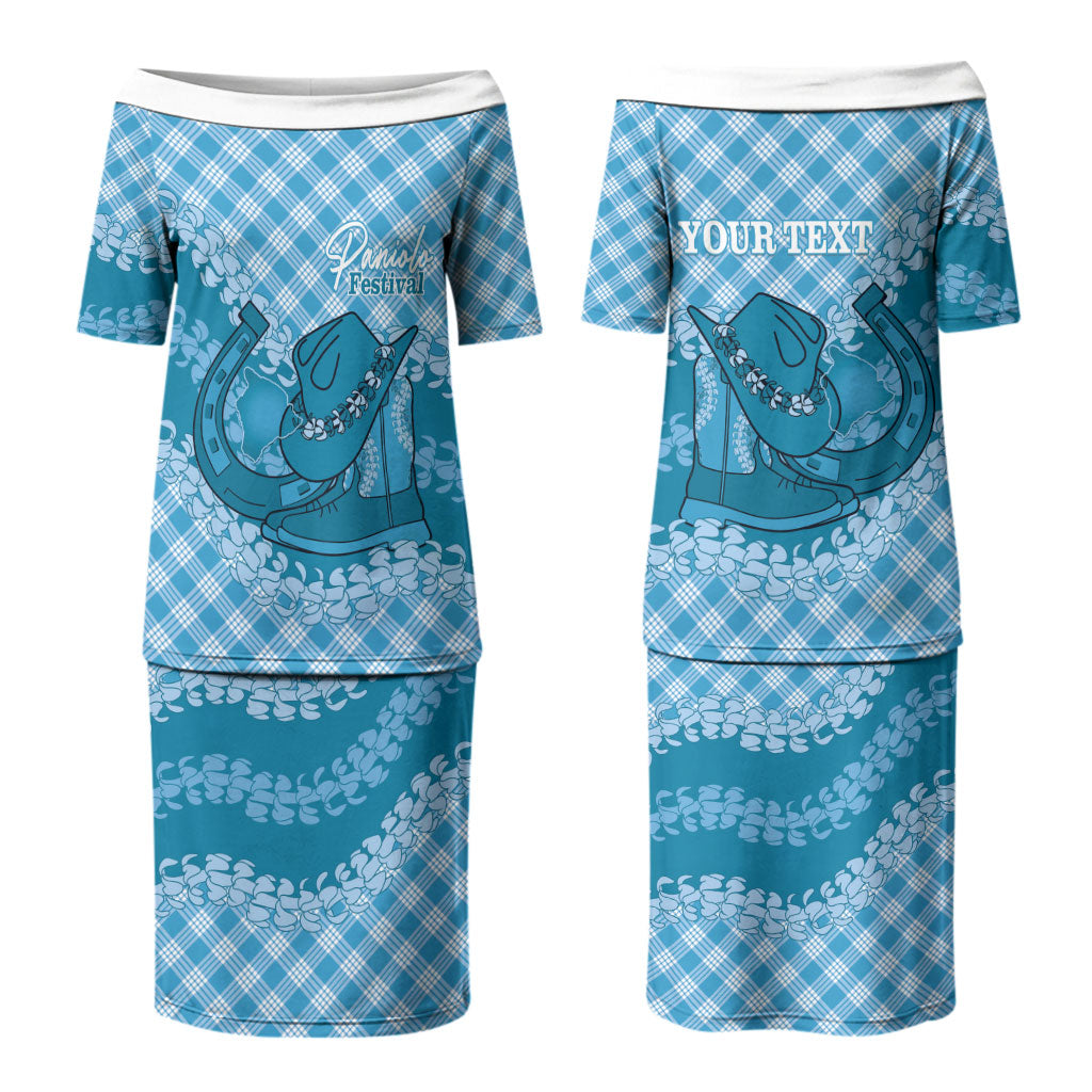 Polu Hawaii Cowboy Palaka Motifs Personalised Family Matching Puletasi and Hawaiian Shirt Paniolo Festival Puakenikeni Lei LT14 Mom's Dress Blue - Polynesian Pride
