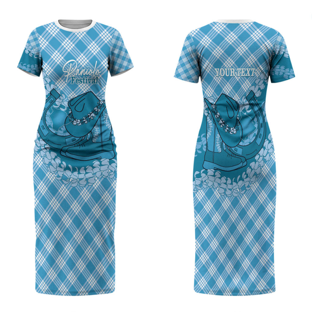 Polu Hawaii Cowboy Palaka Motifs Personalised Family Matching Short Sleeve Bodycon Dress and Hawaiian Shirt Paniolo Festival Puakenikeni Lei LT14 Mom's Dress Blue - Polynesian Pride
