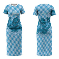 Polu Hawaii Cowboy Palaka Motifs Personalised Family Matching Short Sleeve Bodycon Dress and Hawaiian Shirt Paniolo Festival Puakenikeni Lei LT14 Mom's Dress Blue - Polynesian Pride