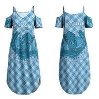 Polu Hawaii Cowboy Palaka Motifs Personalised Family Matching Summer Maxi Dress and Hawaiian Shirt Paniolo Festival Puakenikeni Lei LT14 Mom's Dress Blue - Polynesian Pride