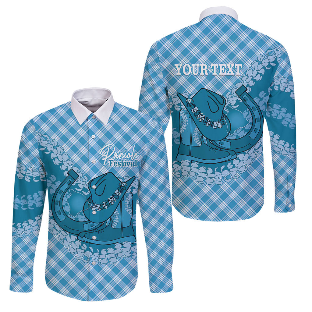 Polu Hawaii Cowboy Palaka Motifs Personalised Family Matching Tank Maxi Dress and Hawaiian Shirt Paniolo Festival Puakenikeni Lei LT14 Dad's Shirt - Long Sleeve Blue - Polynesian Pride