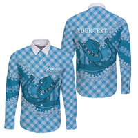 Polu Hawaii Cowboy Palaka Motifs Personalised Family Matching Tank Maxi Dress and Hawaiian Shirt Paniolo Festival Puakenikeni Lei LT14 Dad's Shirt - Long Sleeve Blue - Polynesian Pride