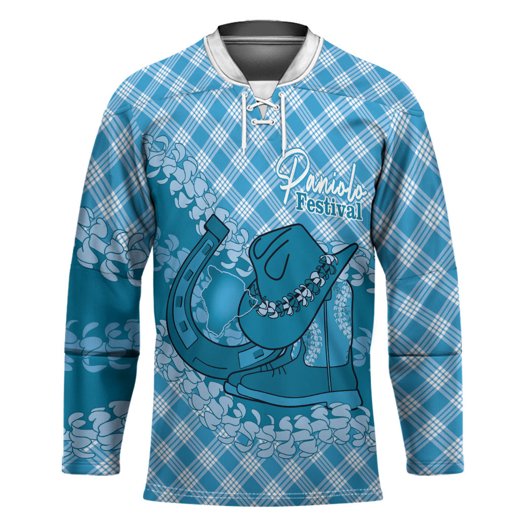 Polu Hawaii Cowboy Palaka Motifs Personalised Hockey Jersey Paniolo Festival Puakenikeni Lei LT14 Unisex Blue - Polynesian Pride