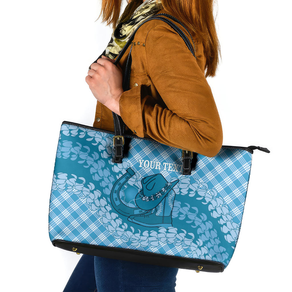 Polu Hawaii Cowboy Palaka Motifs Personalised Leather Tote Bag Paniolo Festival Puakenikeni Lei LT14 Blue - Polynesian Pride