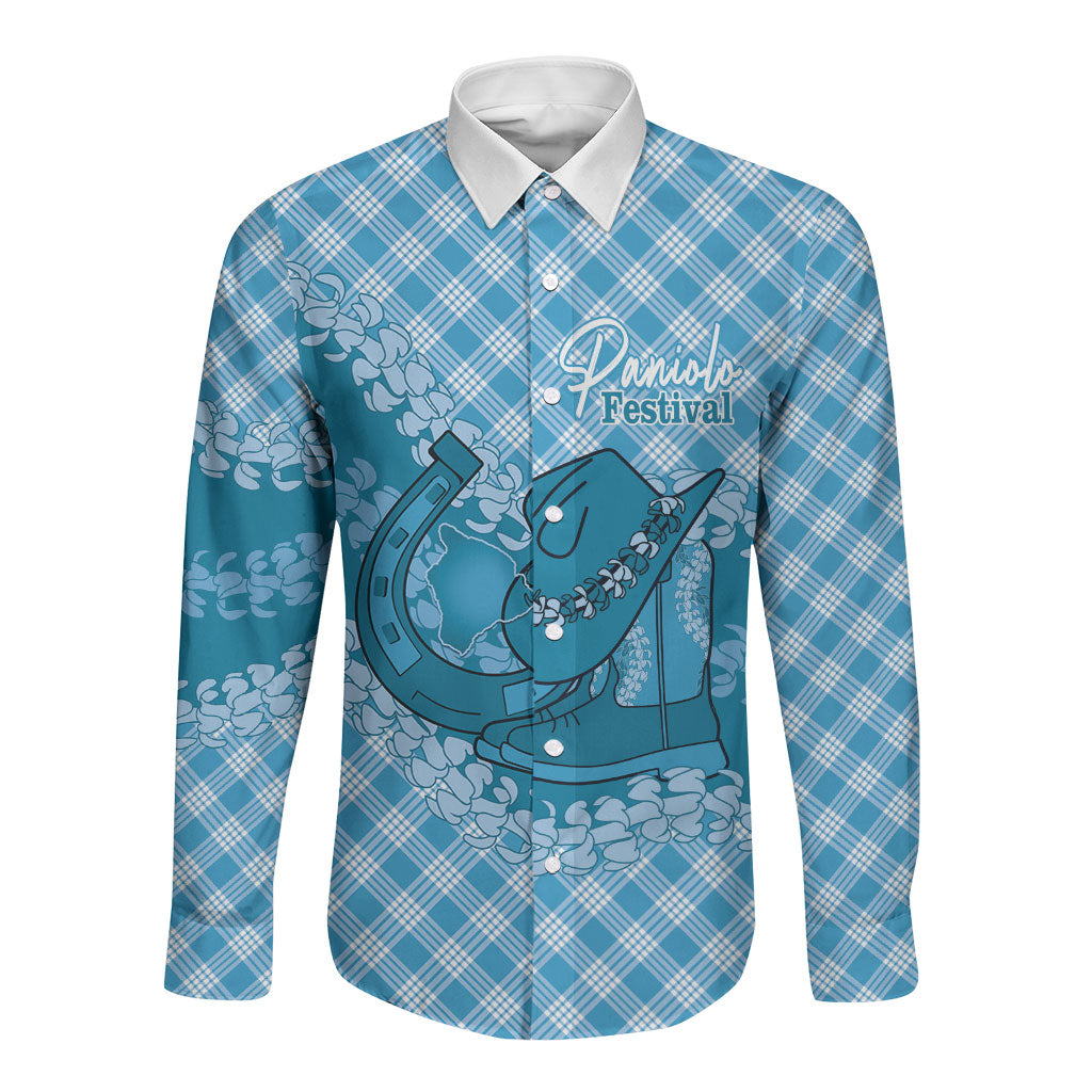 Polu Hawaii Cowboy Palaka Motifs Personalised Long Sleeve Button Shirt Paniolo Festival Puakenikeni Lei LT14 Unisex Blue - Polynesian Pride