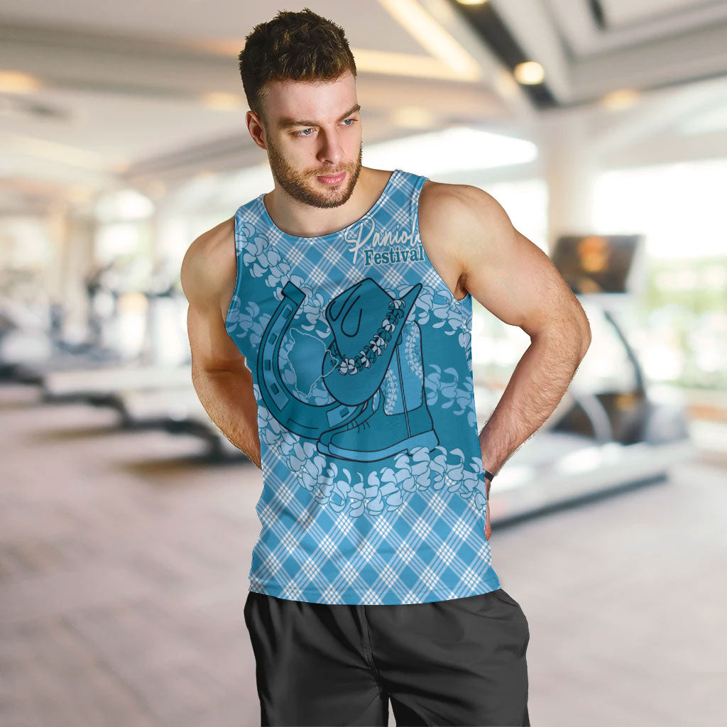 Polu Hawaii Cowboy Palaka Motifs Personalised Men Tank Top Paniolo Festival Puakenikeni Lei LT14 Blue - Polynesian Pride