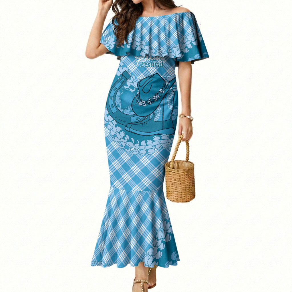 Polu Hawaii Cowboy Palaka Motifs Personalised Mermaid Dress Paniolo Festival Puakenikeni Lei LT14 Women Blue - Polynesian Pride