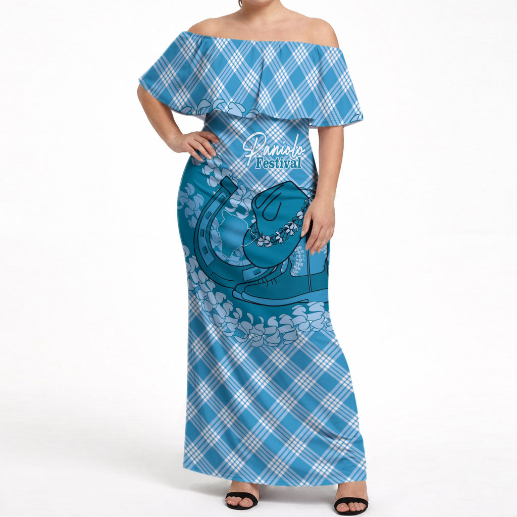Polu Hawaii Cowboy Palaka Motifs Personalised Off Shoulder Maxi Dress Paniolo Festival Puakenikeni Lei LT14 Women Blue - Polynesian Pride