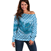 Polu Hawaii Cowboy Palaka Motifs Personalised Off Shoulder Sweater Paniolo Festival Puakenikeni Lei LT14 Women Blue - Polynesian Pride