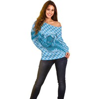 Polu Hawaii Cowboy Palaka Motifs Personalised Off Shoulder Sweater Paniolo Festival Puakenikeni Lei LT14 - Polynesian Pride