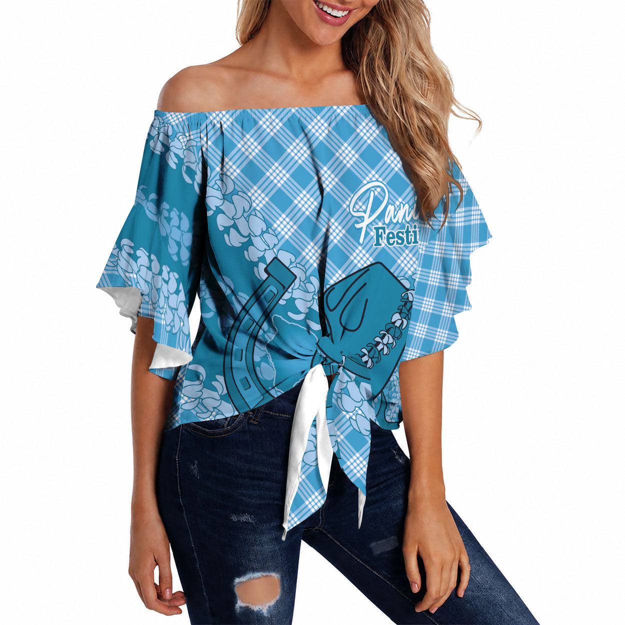 Polu Hawaii Cowboy Palaka Motifs Personalised Off Shoulder Wrap Waist Top Paniolo Festival Puakenikeni Lei LT14 Blue - Polynesian Pride