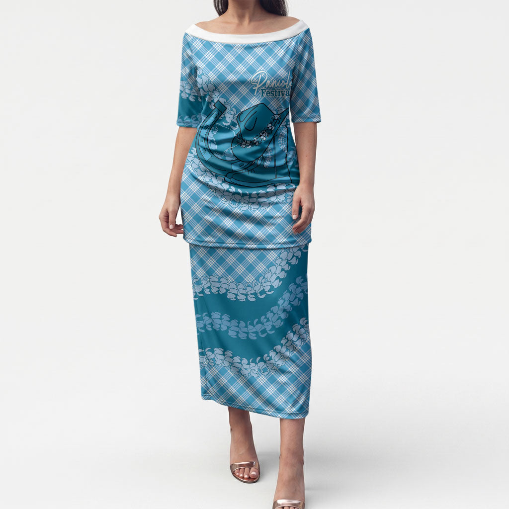 Polu Hawaii Cowboy Palaka Motifs Personalised Puletasi Paniolo Festival Puakenikeni Lei LT14 Long Dress Blue - Polynesian Pride