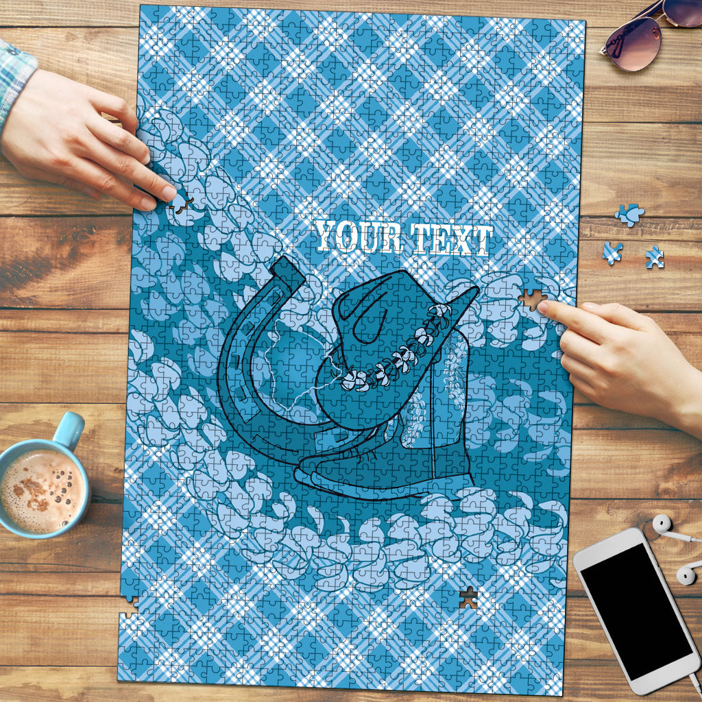 Polu Hawaii Cowboy Palaka Motifs Personalised Puzzle Paniolo Festival Puakenikeni Lei LT14 Blue - Polynesian Pride