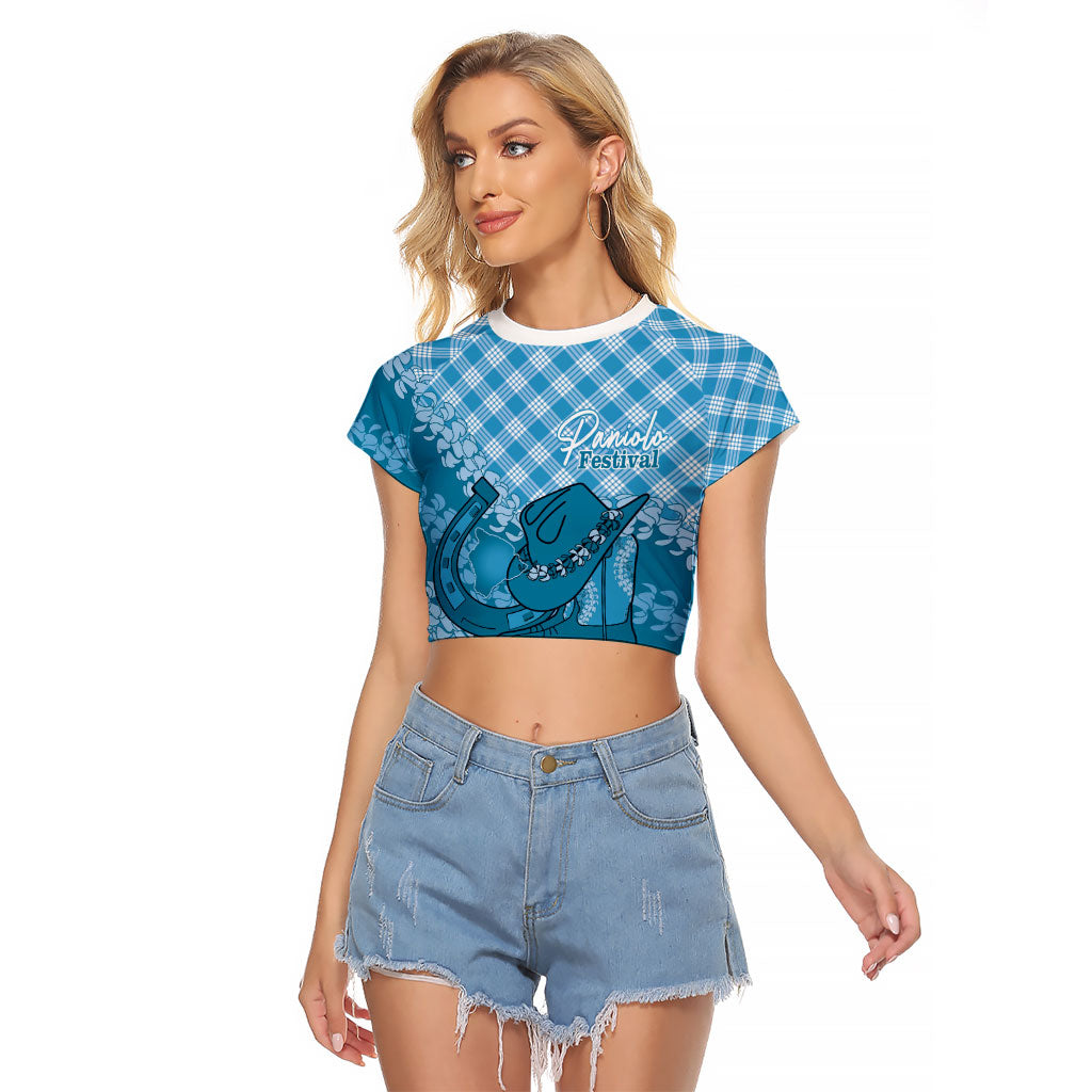 Polu Hawaii Cowboy Palaka Motifs Personalised Raglan Cropped T Shirt Paniolo Festival Puakenikeni Lei LT14 Female Blue - Polynesian Pride