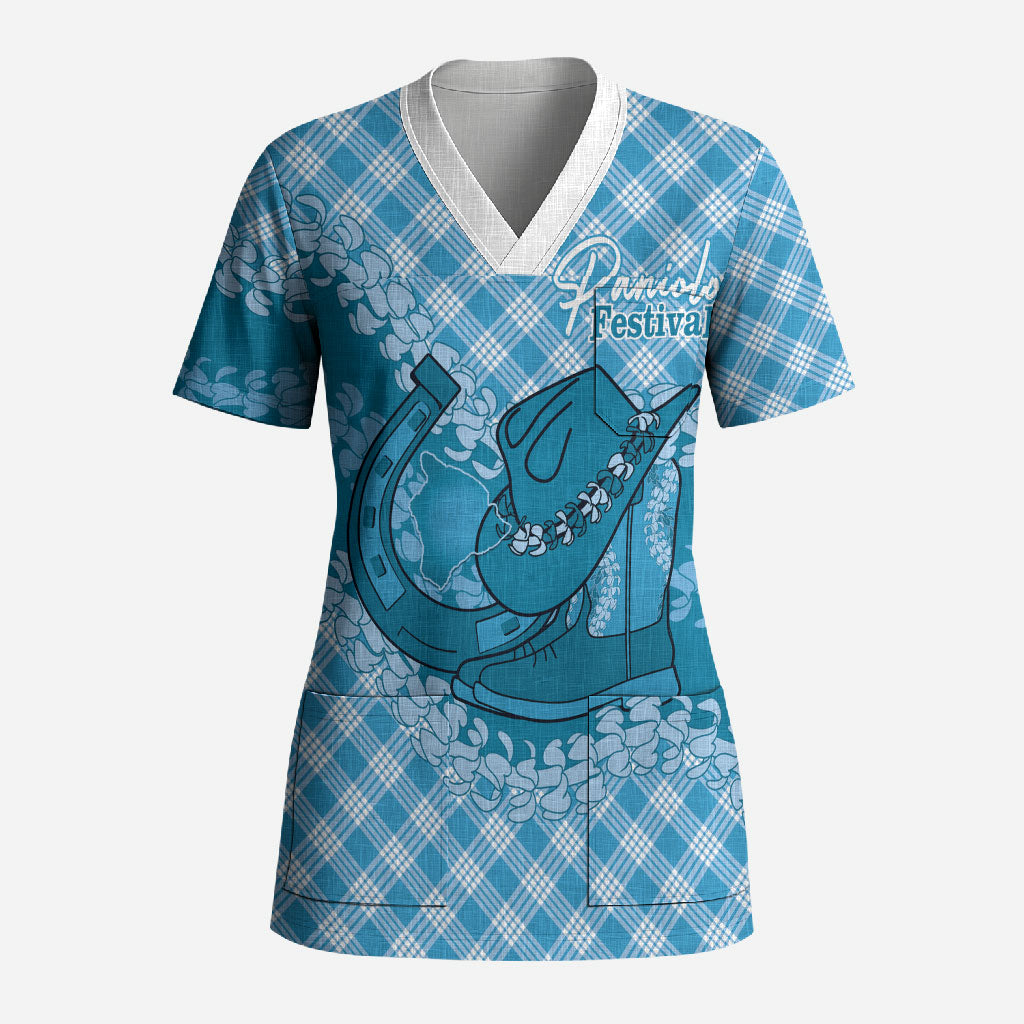 Polu Hawaii Cowboy Palaka Motifs Personalised Scrub Top Paniolo Festival Puakenikeni Lei LT14 Adult Blue - Polynesian Pride