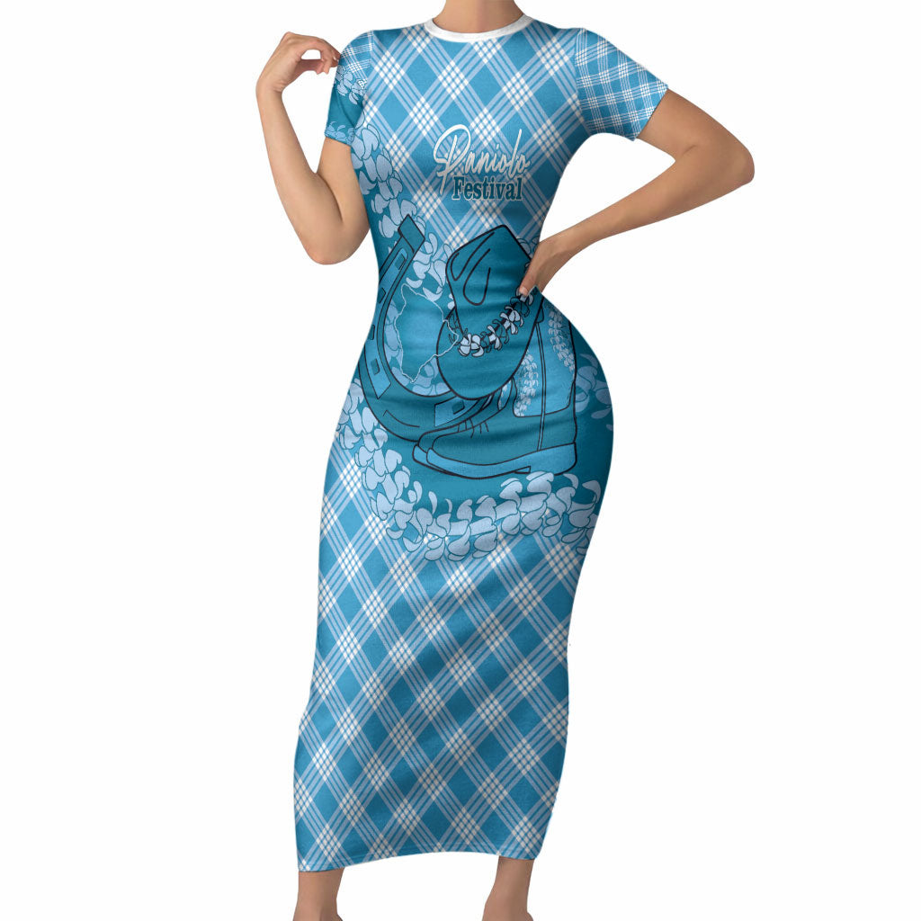 Polu Hawaii Cowboy Palaka Motifs Personalised Short Sleeve Bodycon Dress Paniolo Festival Puakenikeni Lei LT14 Long Dress Blue - Polynesian Pride