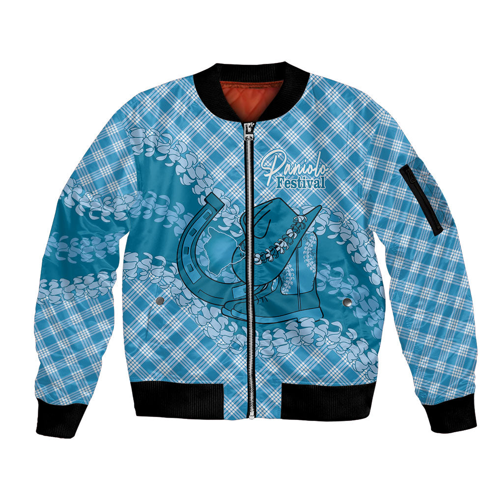 Polu Hawaii Cowboy Palaka Motifs Personalised Sleeve Zip Bomber Jacket Paniolo Festival Puakenikeni Lei LT14 Unisex Blue - Polynesian Pride