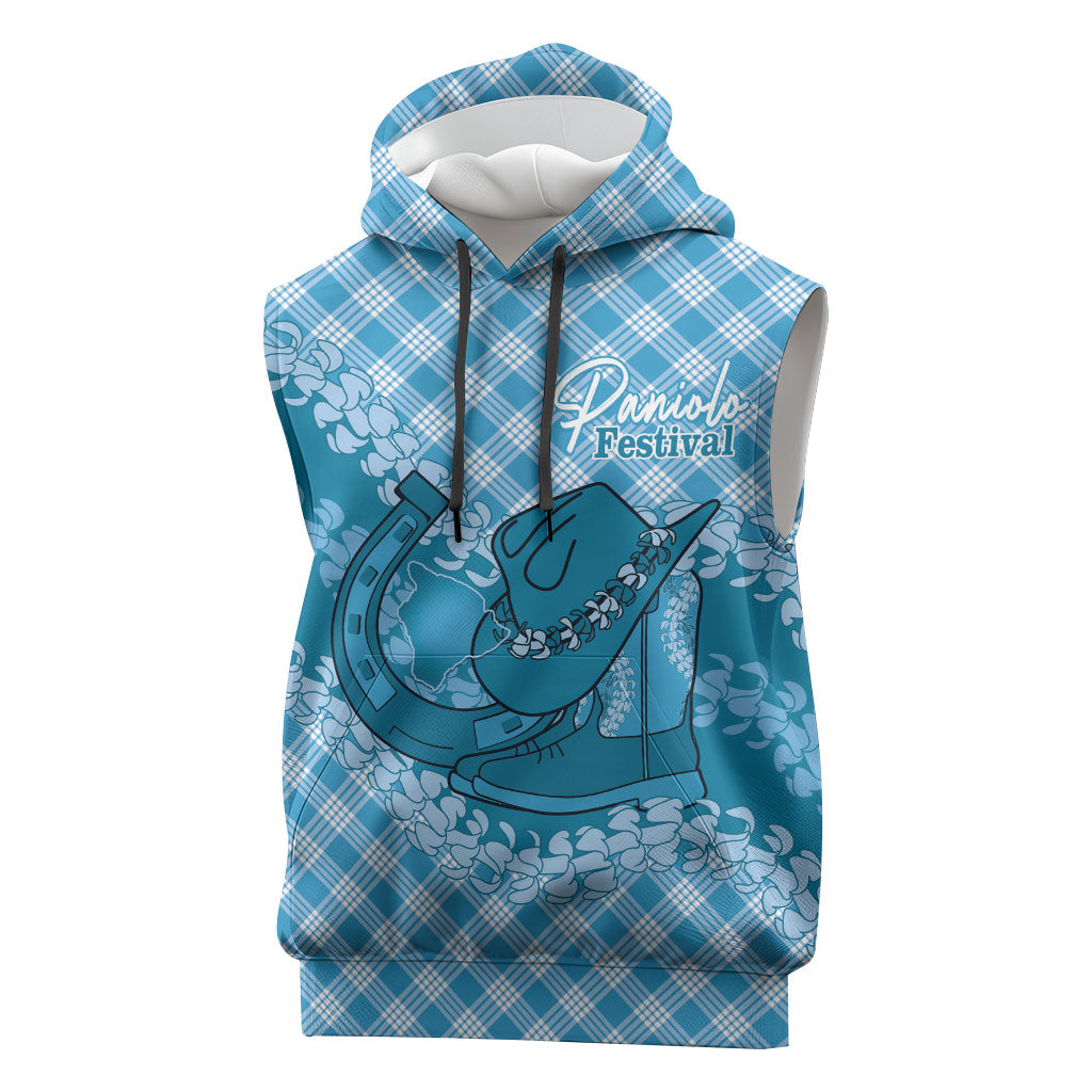 Polu Hawaii Cowboy Palaka Motifs Personalised Sleeveless Hoodie Paniolo Festival Puakenikeni Lei LT14 Blue - Polynesian Pride