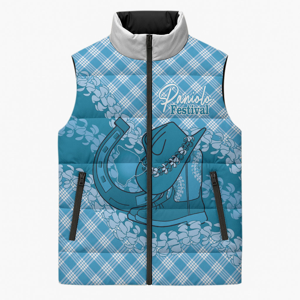 Polu Hawaii Cowboy Palaka Motifs Personalised Sleeveless Puffer Jacket Paniolo Festival Puakenikeni Lei