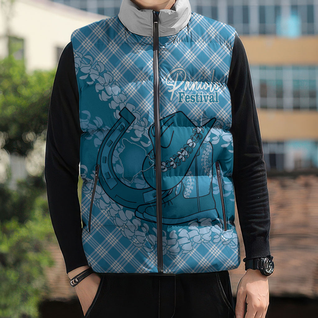 Polu Hawaii Cowboy Palaka Motifs Personalised Sleeveless Puffer Jacket Paniolo Festival Puakenikeni Lei LT14 - Polynesian Pride