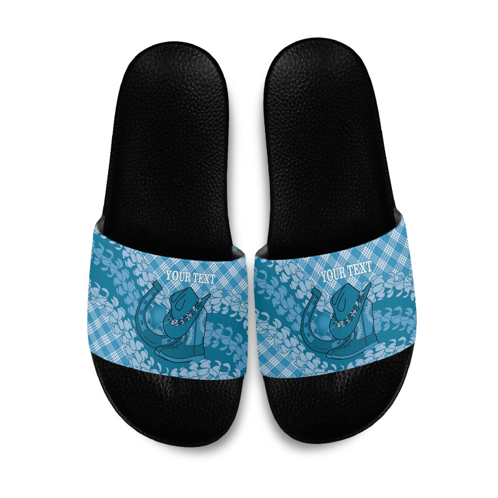Polu Hawaii Cowboy Palaka Motifs Personalised Slide Sandals Paniolo Festival Puakenikeni Lei LT14 Blue - Polynesian Pride