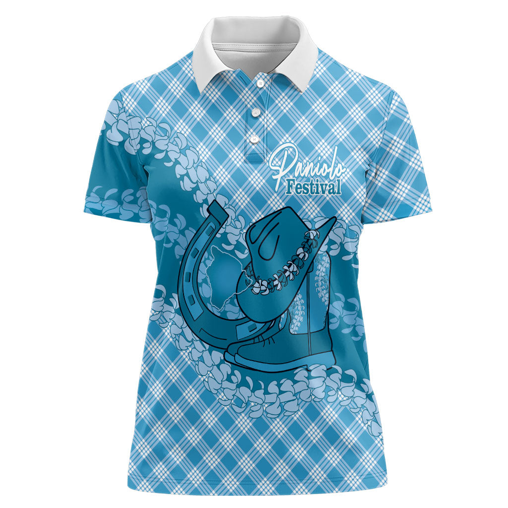 Polu Hawaii Cowboy Palaka Motifs Personalised Women Polo Shirt Paniolo Festival Puakenikeni Lei LT14 Female Blue - Polynesian Pride