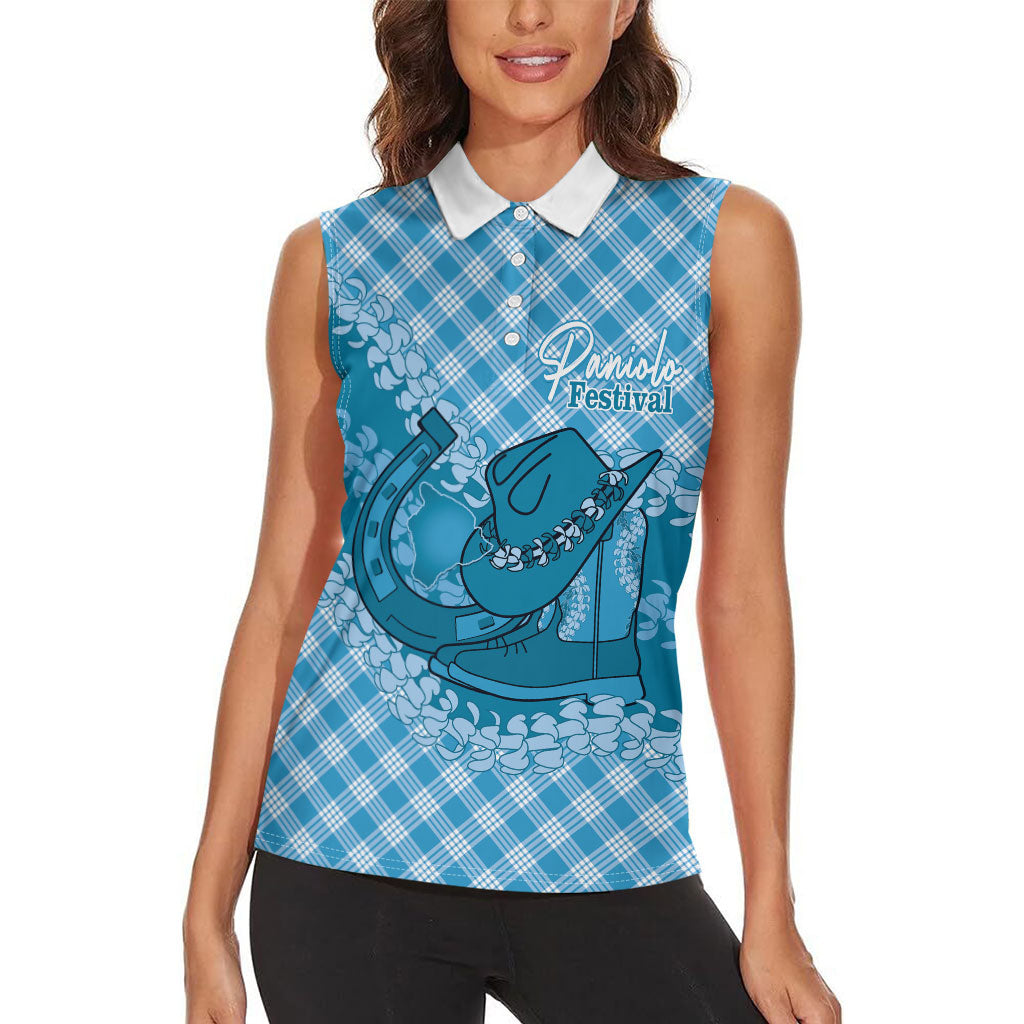 Polu Hawaii Cowboy Palaka Motifs Personalised Women Sleeveless Polo Shirt Paniolo Festival Puakenikeni Lei LT14 - Polynesian Pride