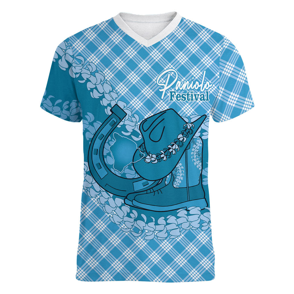 Polu Hawaii Cowboy Palaka Motifs Personalised Women V-Neck T-Shirt Paniolo Festival Puakenikeni Lei LT14 Female Blue - Polynesian Pride