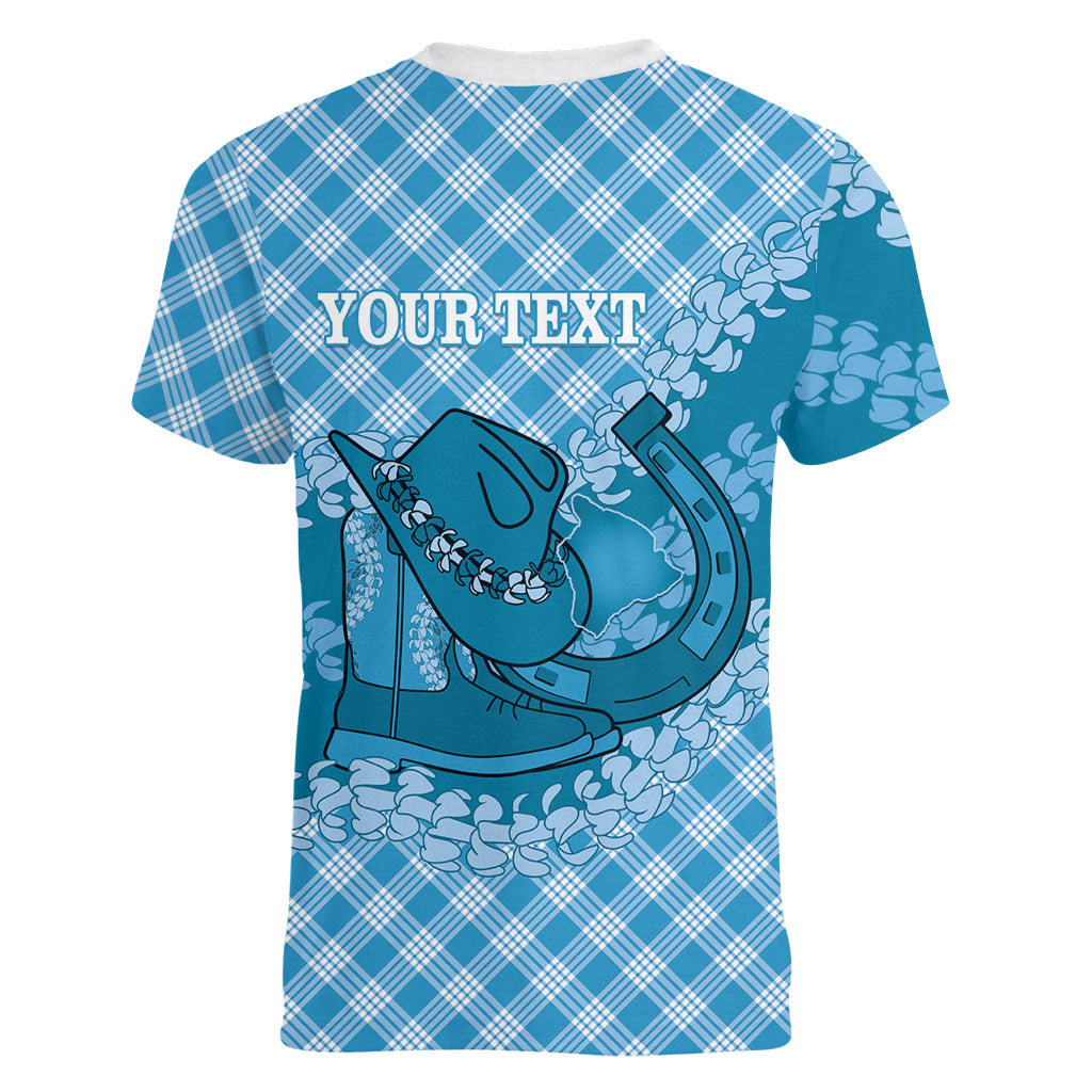 Polu Hawaii Cowboy Palaka Motifs Personalised Women V-Neck T-Shirt Paniolo Festival Puakenikeni Lei LT14 - Polynesian Pride