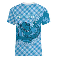 Polu Hawaii Cowboy Palaka Motifs Personalised Women V-Neck T-Shirt Paniolo Festival Puakenikeni Lei LT14 - Polynesian Pride