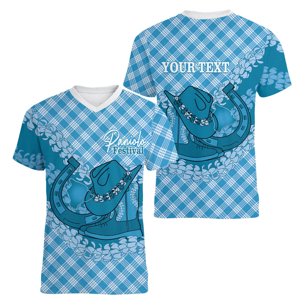Polu Hawaii Cowboy Palaka Motifs Personalised Women V-Neck T-Shirt Paniolo Festival Puakenikeni Lei LT14 - Polynesian Pride