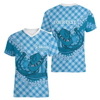 Polu Hawaii Cowboy Palaka Motifs Personalised Women V-Neck T-Shirt Paniolo Festival Puakenikeni Lei LT14 - Polynesian Pride