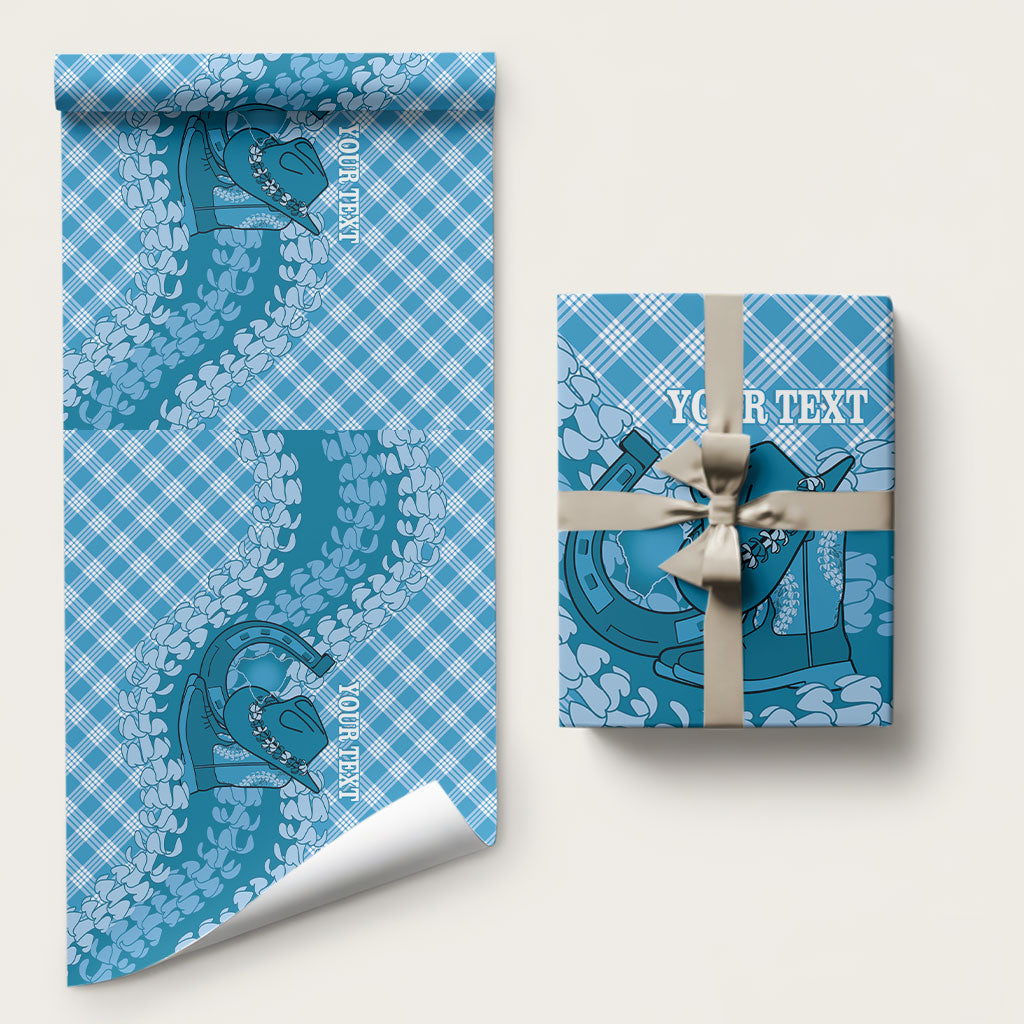 Polu Hawaii Cowboy Palaka Motifs Personalised Wrapping Paper Paniolo Festival Puakenikeni Lei LT14 58" × 23" Blue - Polynesian Pride
