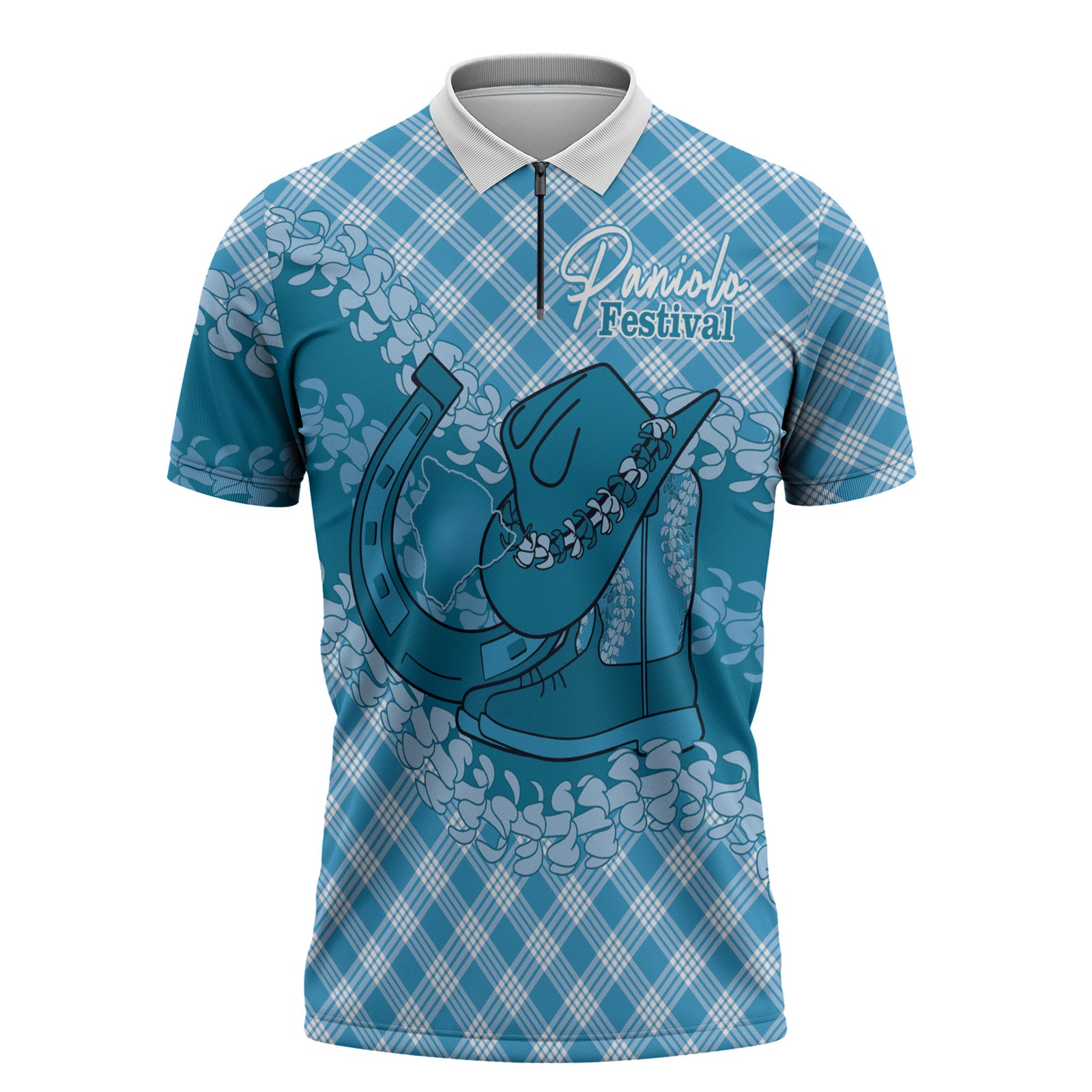 Polu Hawaii Cowboy Palaka Motifs Personalised Zipper Polo Shirt Paniolo Festival Puakenikeni Lei LT14 Blue - Polynesian Pride