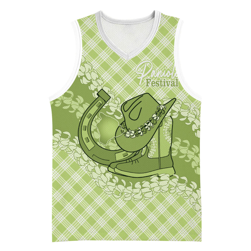 Omaomao Hawaii Cowboy Palaka Motifs Personalised Basketball Jersey Paniolo Festival Puakenikeni Lei LT14 Unisex Green - Polynesian Pride