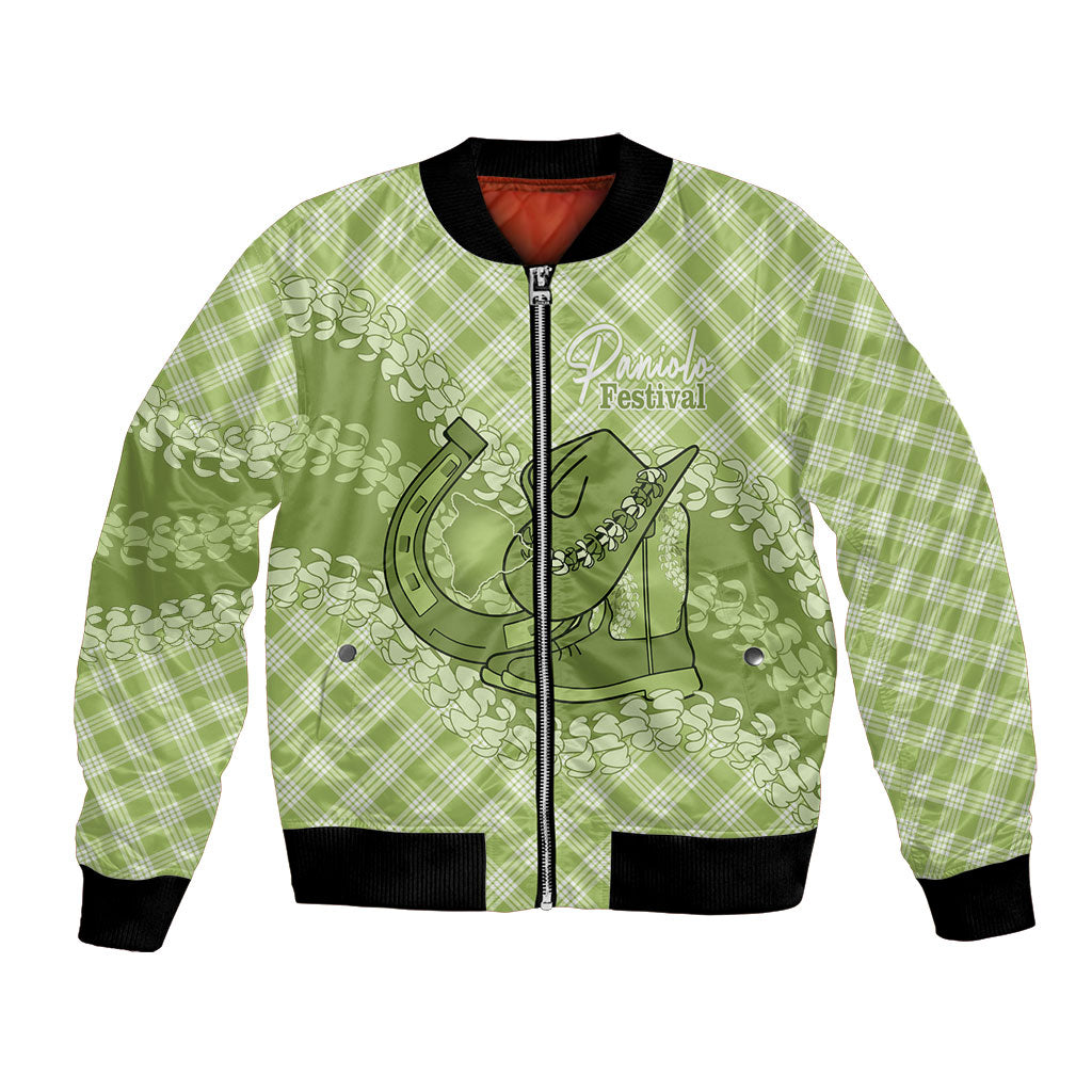 Omaomao Hawaii Cowboy Palaka Motifs Personalised Bomber Jacket Paniolo Festival Puakenikeni Lei LT14 Unisex Green - Polynesian Pride