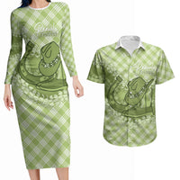 Omaomao Hawaii Cowboy Palaka Motifs Personalised Couples Matching Long Sleeve Bodycon Dress and Hawaiian Shirt Paniolo Festival Puakenikeni Lei LT14 Green - Polynesian Pride