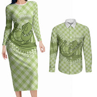 Omaomao Hawaii Cowboy Palaka Motifs Personalised Couples Matching Long Sleeve Bodycon Dress and Long Sleeve Button Shirt Paniolo Festival Puakenikeni Lei LT14 Green - Polynesian Pride