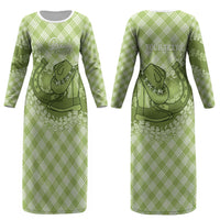Omaomao Hawaii Cowboy Palaka Motifs Personalised Couples Matching Long Sleeve Bodycon Dress and Long Sleeve Button Shirt Paniolo Festival Puakenikeni Lei LT14 - Polynesian Pride