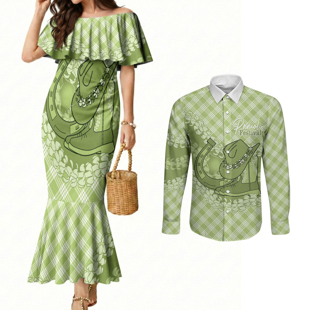 Omaomao Hawaii Cowboy Palaka Motifs Personalised Couples Matching Mermaid Dress and Long Sleeve Button Shirt Paniolo Festival Puakenikeni Lei LT14 Green - Polynesian Pride