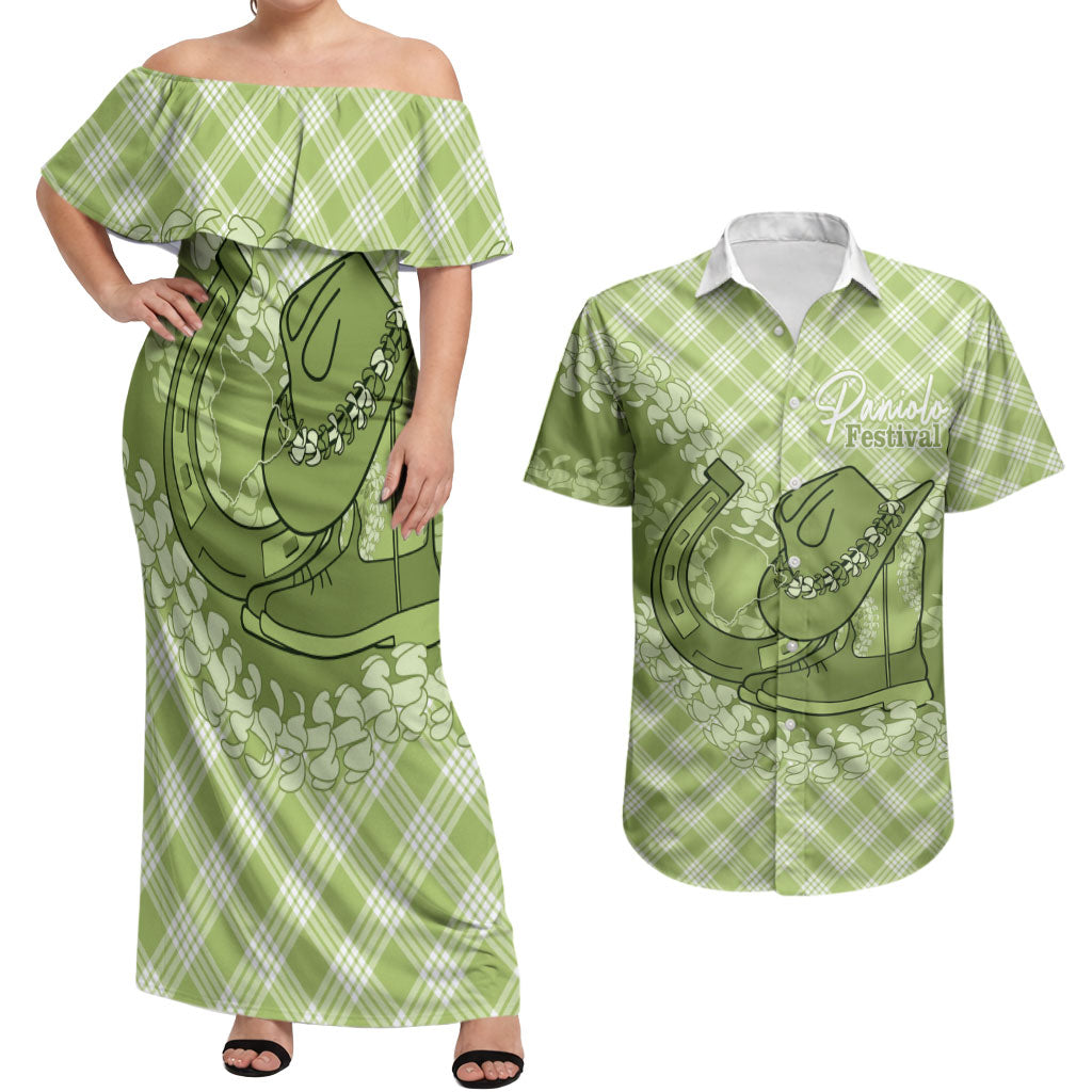 Omaomao Hawaii Cowboy Palaka Motifs Personalised Couples Matching Off Shoulder Maxi Dress and Hawaiian Shirt Paniolo Festival Puakenikeni Lei LT14 Green - Polynesian Pride