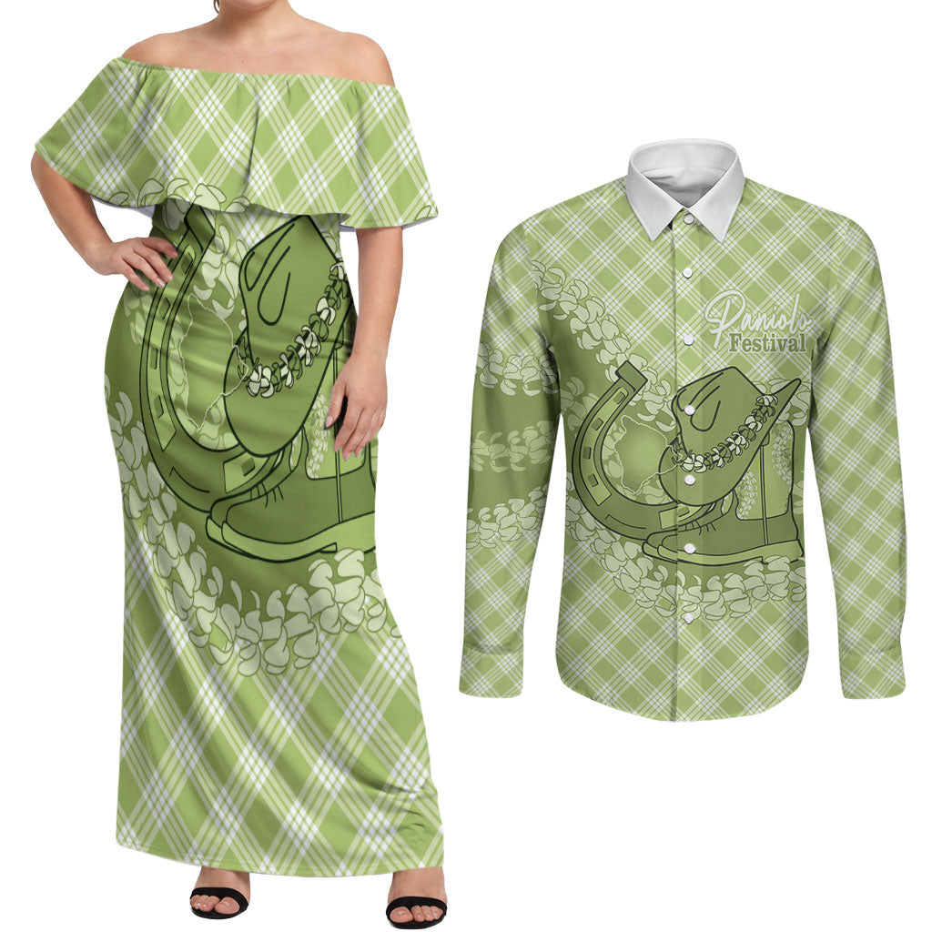 Omaomao Hawaii Cowboy Palaka Motifs Personalised Couples Matching Off Shoulder Maxi Dress and Long Sleeve Button Shirt Paniolo Festival Puakenikeni Lei LT14 Green - Polynesian Pride