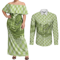 Omaomao Hawaii Cowboy Palaka Motifs Personalised Couples Matching Off Shoulder Maxi Dress and Long Sleeve Button Shirt Paniolo Festival Puakenikeni Lei LT14 Green - Polynesian Pride