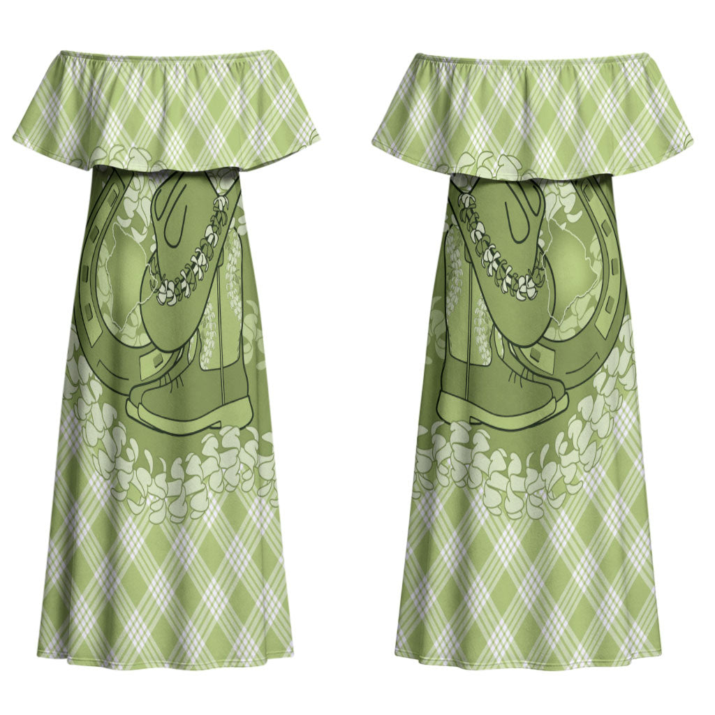 Omaomao Hawaii Cowboy Palaka Motifs Personalised Couples Matching Off Shoulder Maxi Dress and Long Sleeve Button Shirt Paniolo Festival Puakenikeni Lei LT14 - Polynesian Pride