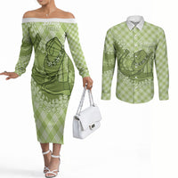 Omaomao Hawaii Cowboy Palaka Motifs Personalised Couples Matching Off The Shoulder Long Sleeve Dress and Long Sleeve Button Shirt Paniolo Festival Puakenikeni Lei LT14 Green - Polynesian Pride