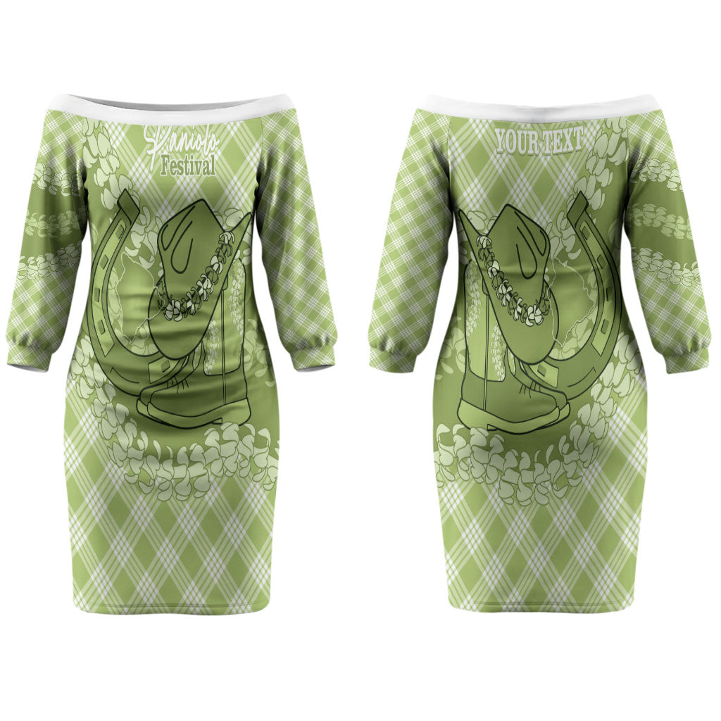 Omaomao Hawaii Cowboy Palaka Motifs Personalised Couples Matching Off The Shoulder Long Sleeve Dress and Long Sleeve Button Shirt Paniolo Festival Puakenikeni Lei LT14 - Polynesian Pride