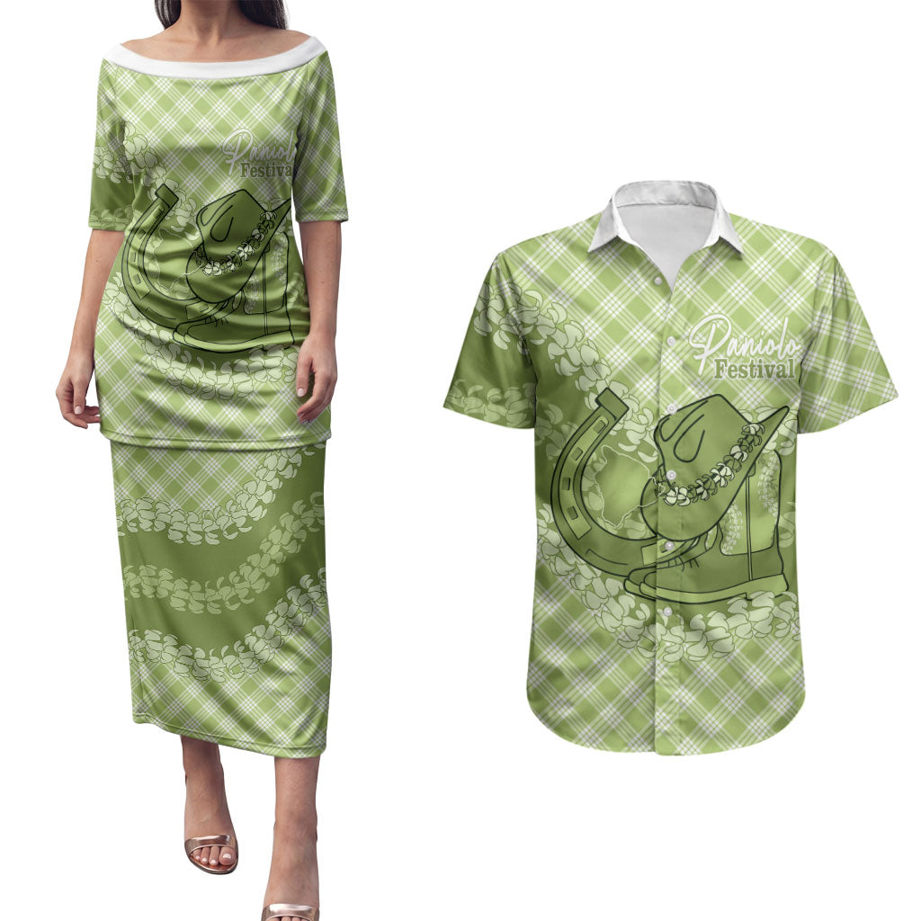 Omaomao Hawaii Cowboy Palaka Motifs Personalised Couples Matching Puletasi and Hawaiian Shirt Paniolo Festival Puakenikeni Lei LT14 Green - Polynesian Pride