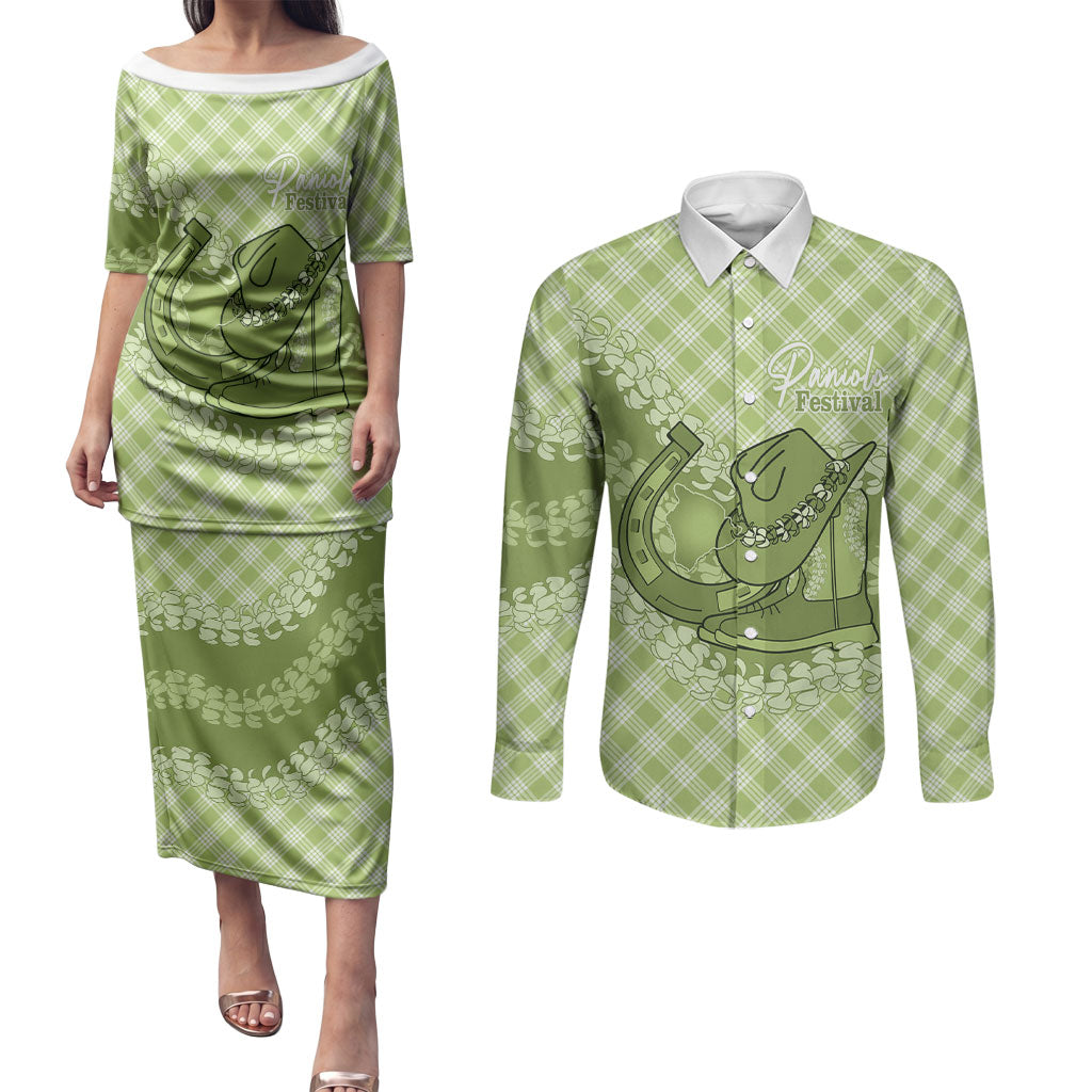 Omaomao Hawaii Cowboy Palaka Motifs Personalised Couples Matching Puletasi and Long Sleeve Button Shirt Paniolo Festival Puakenikeni Lei LT14 Green - Polynesian Pride