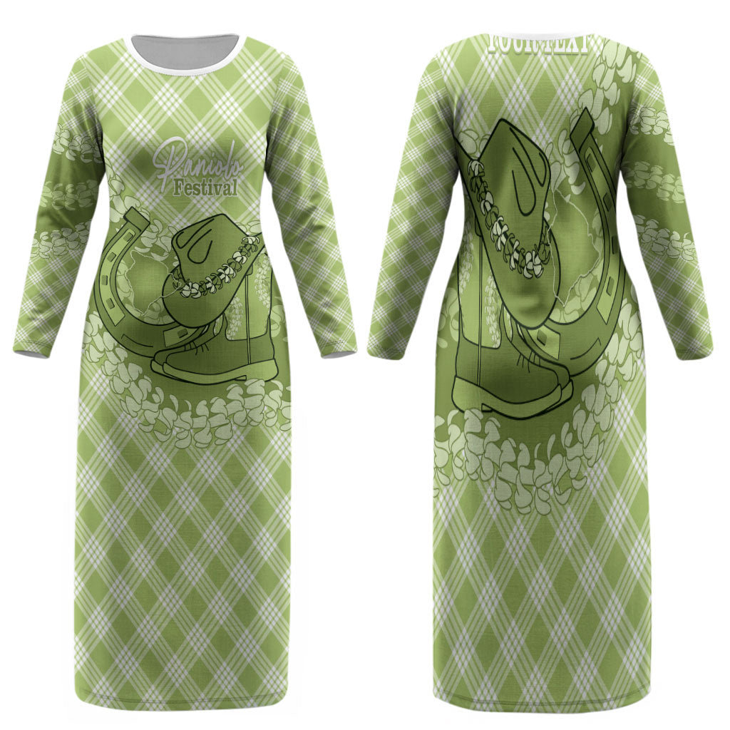 Omaomao Hawaii Cowboy Palaka Motifs Personalised Family Matching Long Sleeve Bodycon Dress and Hawaiian Shirt Paniolo Festival Puakenikeni Lei LT14 Mom's Dress Green - Polynesian Pride